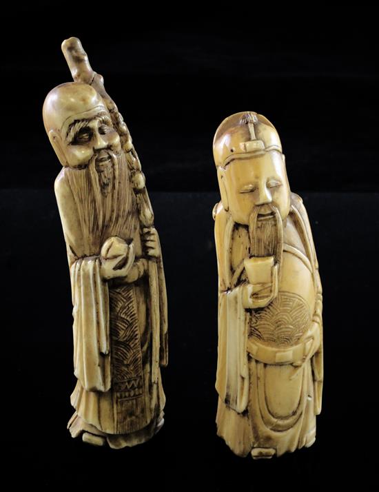 Two Chinese boars tusk figures of immortals, early 20th century, 10.5cm and 13cm(-)